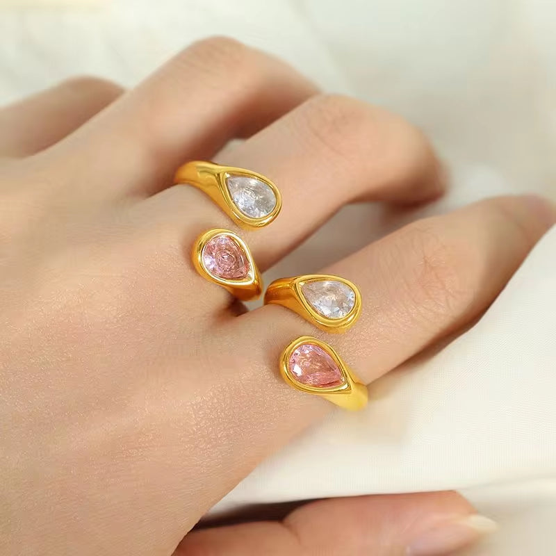 JEWELRY JZ14 Hot Sale Zirconia Double Teardrop Open End Ring Stainless Steel 18K Gold Plated Fashion Jewelry My Store