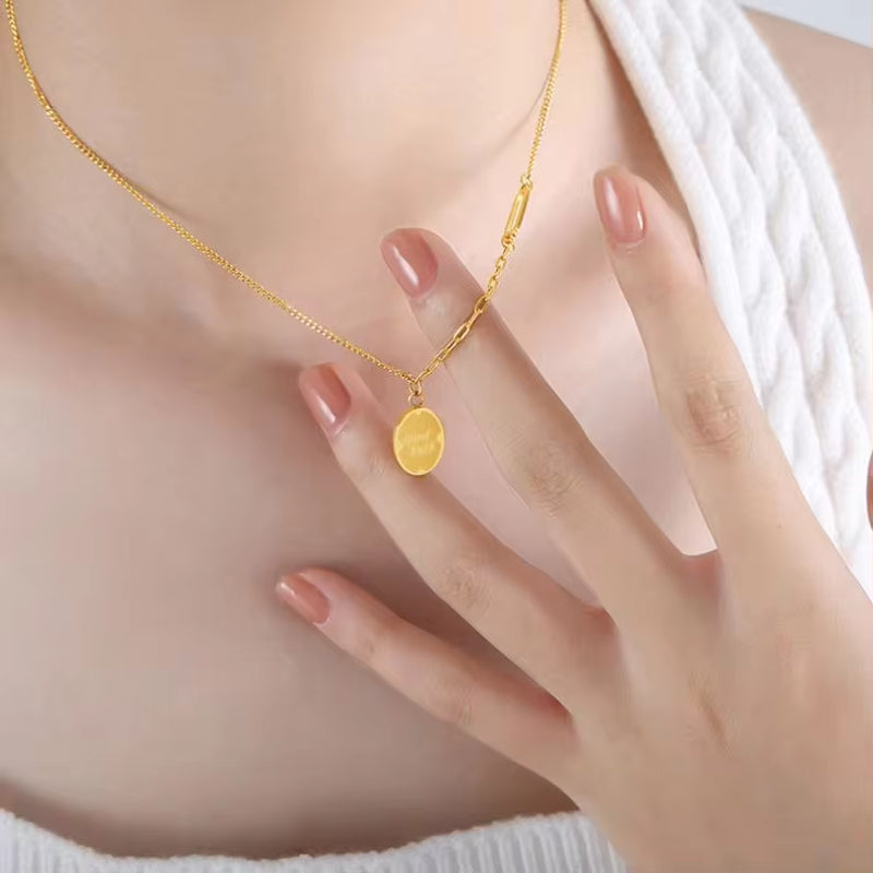 Geometric Oval GOOD LUCK Engraved Letter Pendant Necklace Gold 18K Stainless Steel Chain Necklace Women Jewelry My Store