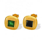 JEWELRY EH156 French Vintage Stainless Steel 18K Gold Plated Glass Stone Square Stud Earrings My Store