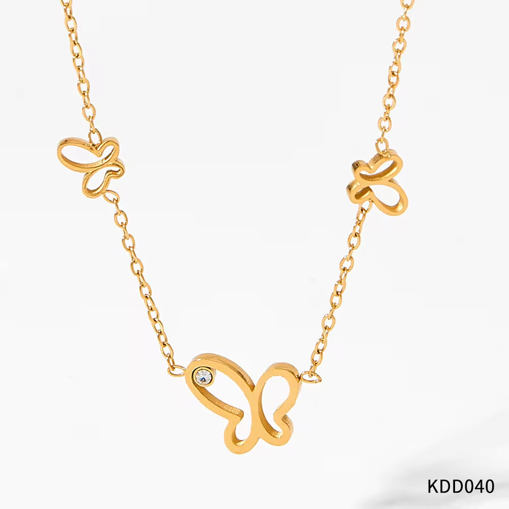Ins Thin Chain Gold Plated Stainless Steel Three Butterfly Shape Hollow Zircon Necklace My Store