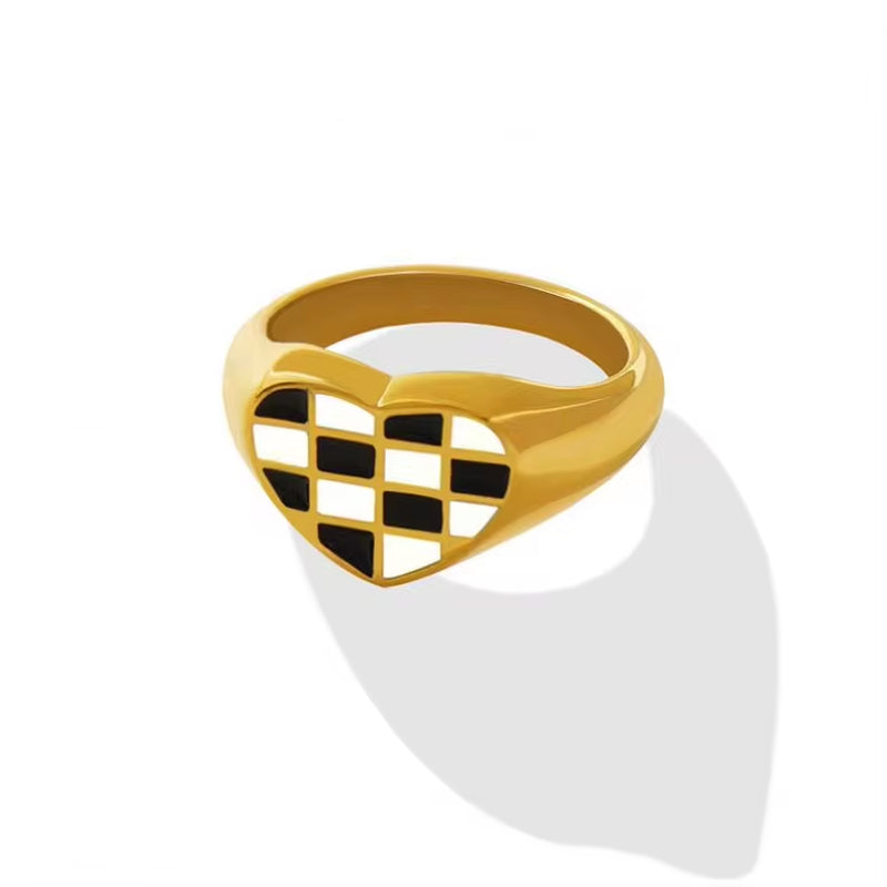 Minimalist 18K Gold Plated Enamel Heart Tarnish Free Checkered Stainless Steel Rings Women Jewelry My Store