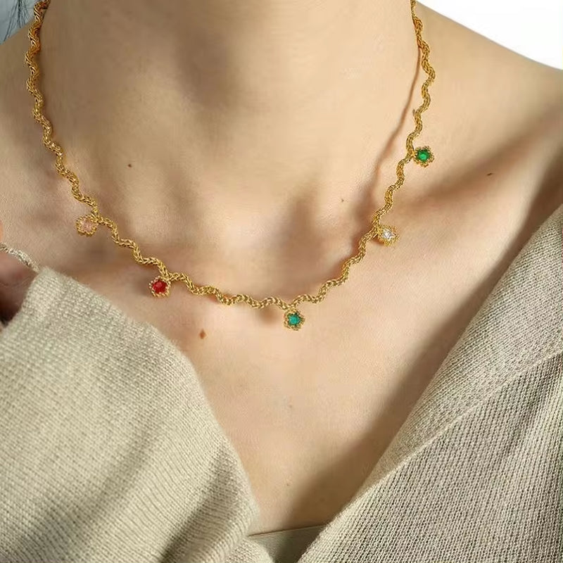 JEWELRY XL48-51 Fashion Wave Tassel Flower Necklace Colorful Zirconia Collarbone Necklace for Women My Store