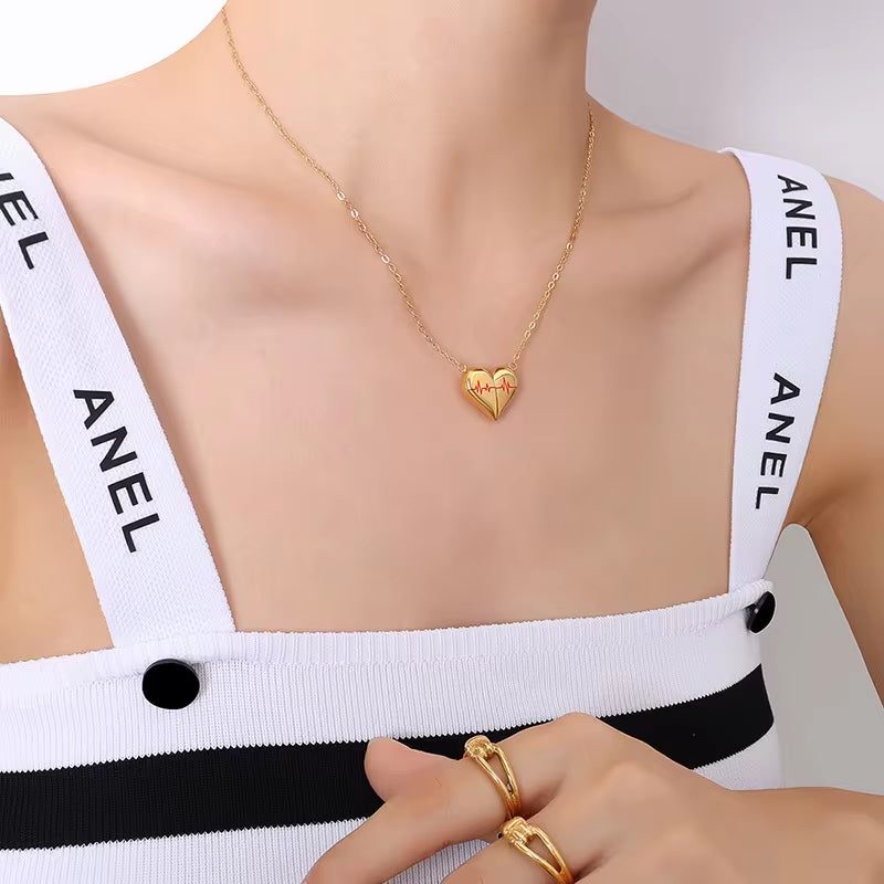 Non Tarnish Fashion Plated 316L Stainless Steel Detachable Magnet Cardiogram Heart Pendant Necklace Women My Store