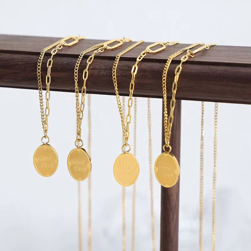 Geometric Oval GOOD LUCK Engraved Letter Pendant Necklace Gold 18K Stainless Steel Chain Necklace Women Jewelry My Store
