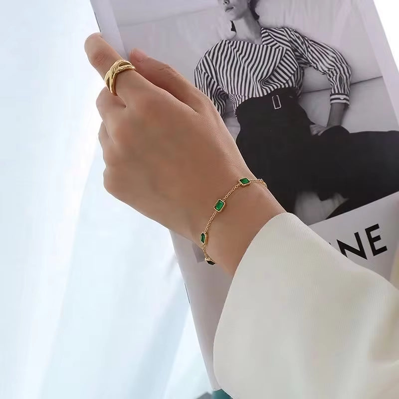 Factory OEM Trendy Goldfilled Jewelry Stainless Steel Crystal Bracelets Women Emerald Square Zircon Bracelet My Store