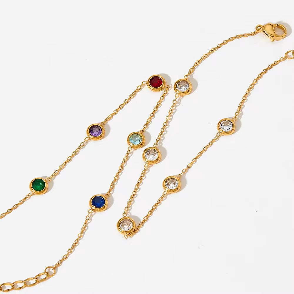 18K Gold-Plated Stainless Steel Thin Chain Ladies Elegant Zircon Bracelet Necklace Set My Store