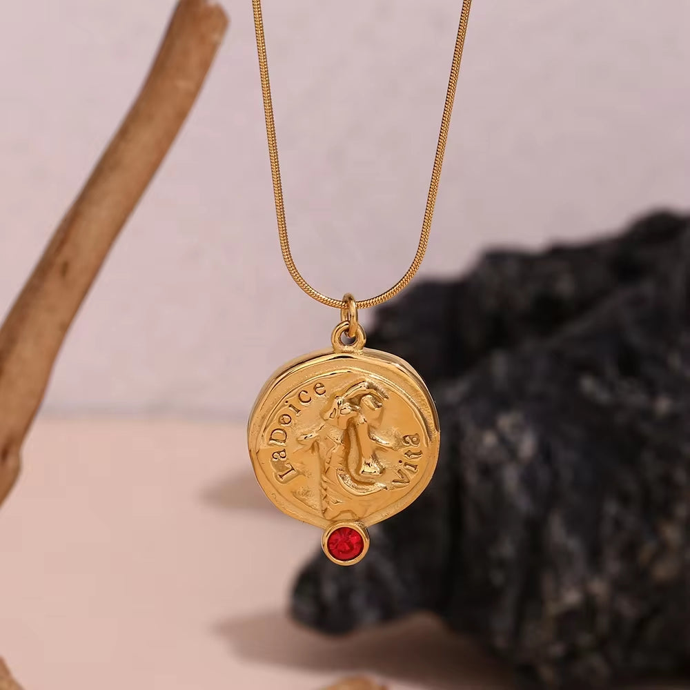 Engraved La Dolce Vita Fashion Lady Pendant Necklace Red Zircon Gold Plated Stainless Steel Jewelry My Store