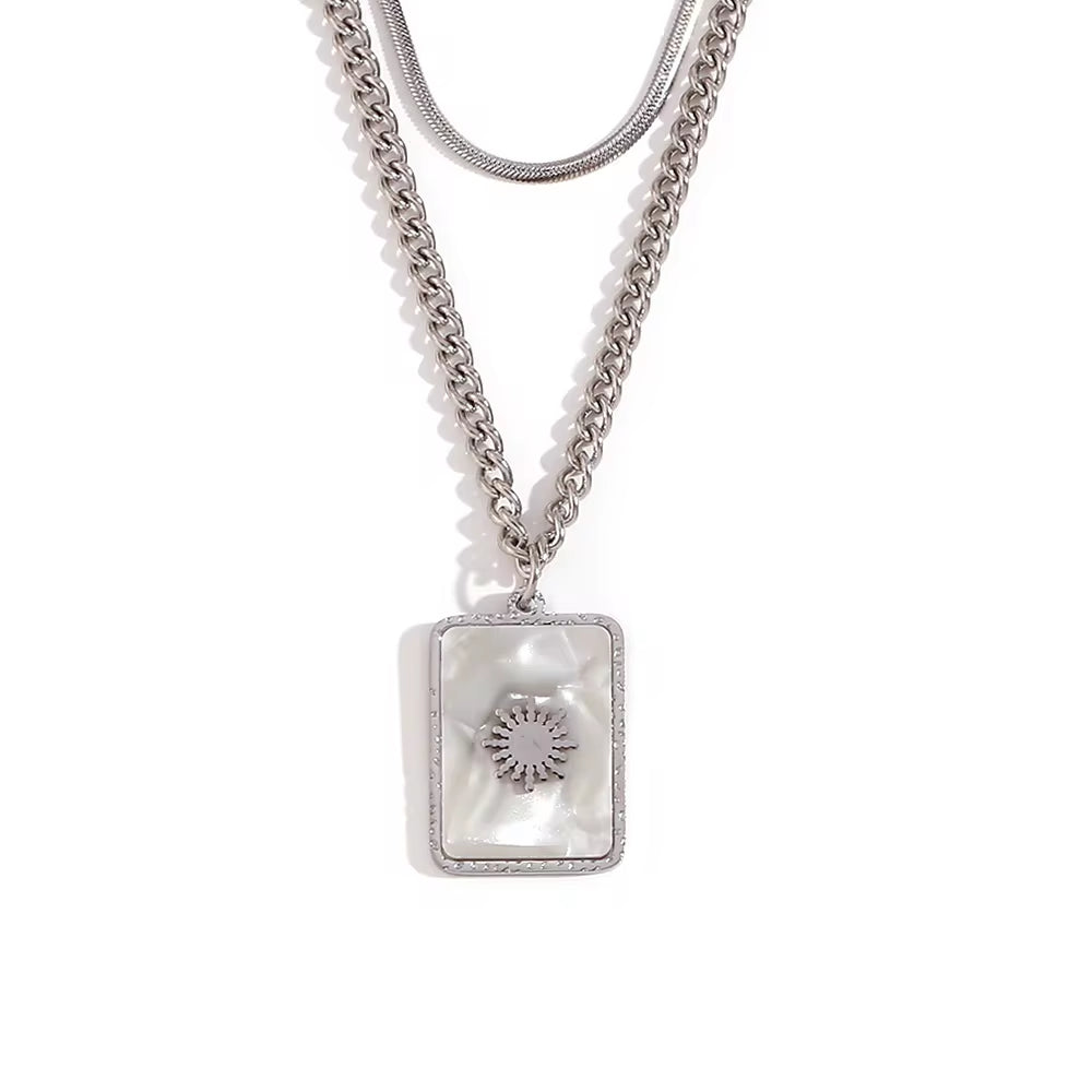 Double Layer Herringbone Necklace Engraved Sun Shell Necklace Waterproof Gold Plated Pendant Necklace My Store