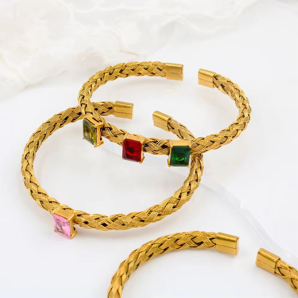 Stainless Steel Mesh Weave Open Bangle 18K Gold Plated Bracelet Cubic Zirconia Bling Charm Waterproof Jewelry Women My Store