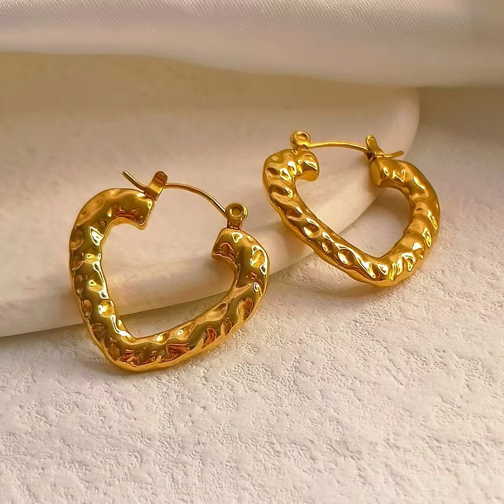 Hot Sale Hip Hops Embossed Texture Geometric Clip on Earrings Trendy Gold Plated Large Heart Rectangular Hoop Earrings F My Store