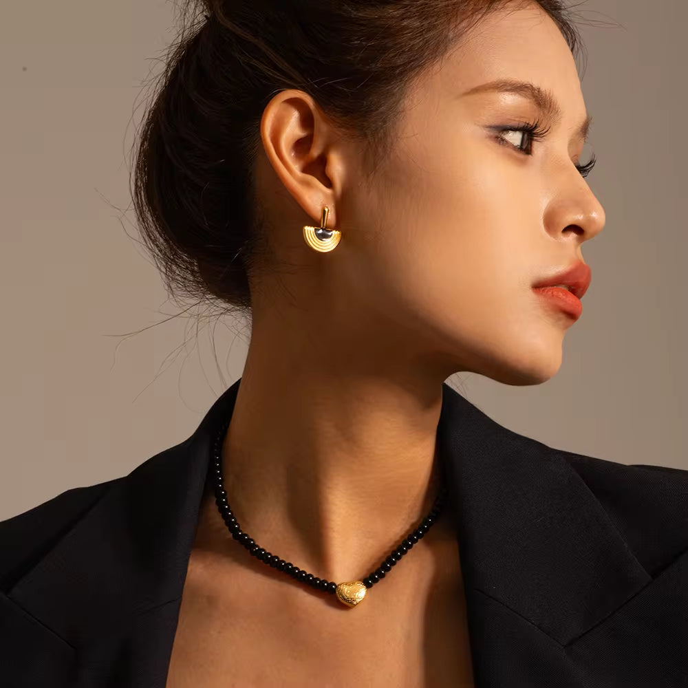 18K Gold Plated Stainless Steel Gift Black Obsidian Beads 3D Dimensional Heart Pendant Choker Necklace Women My Store