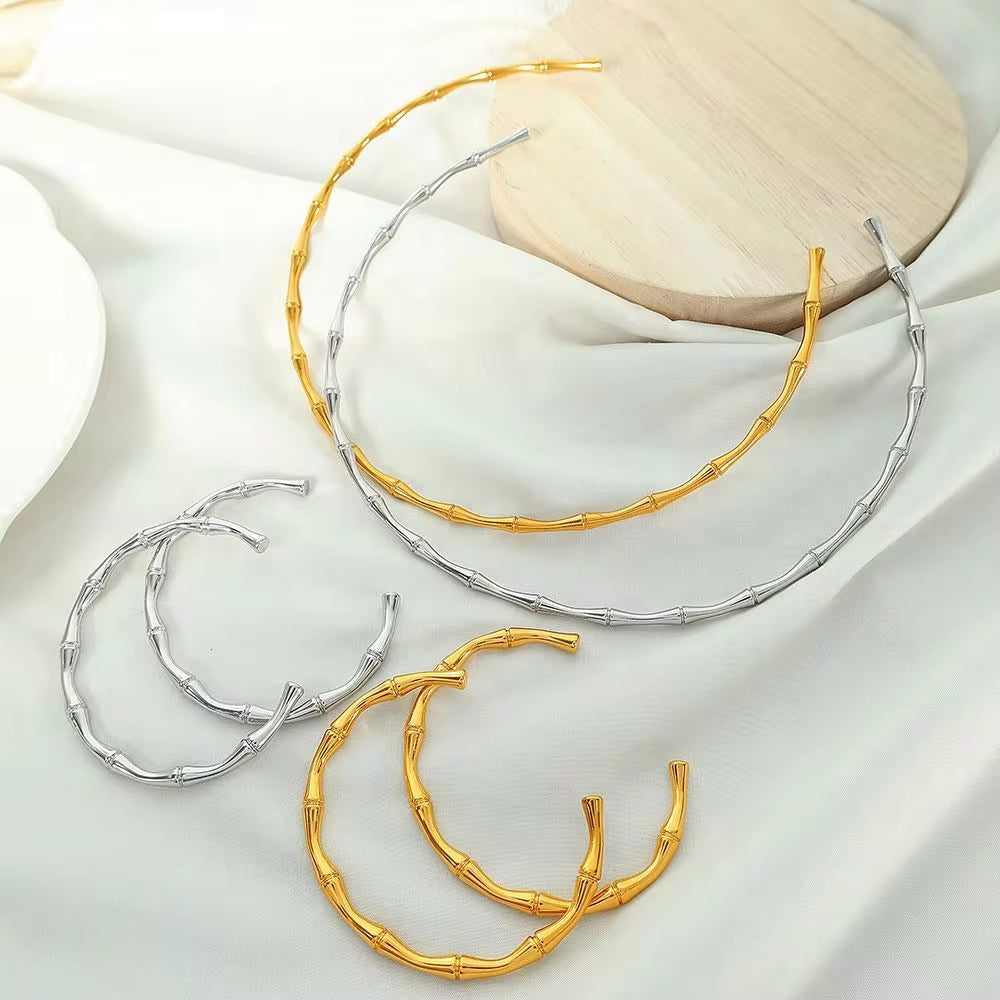 JEWELRY XL72-SZ58 Wholesale Thin Bamboo Open Collar Bangles Fashion Necklace Stainless Steel Plated 18K Gold My Store