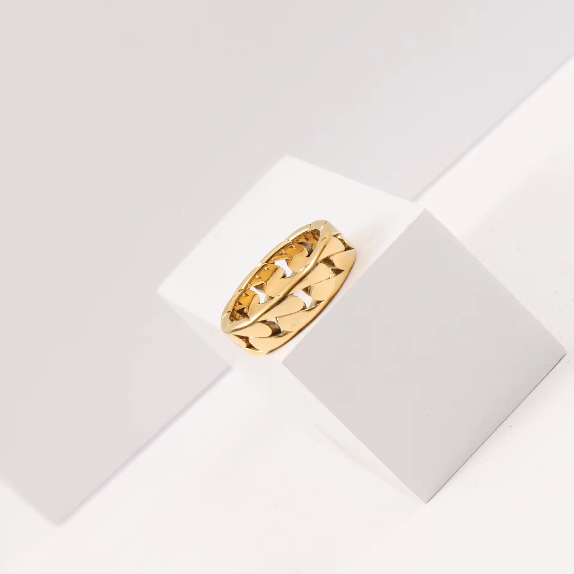 Tarnish Free Croissant Ring 18K Gold IP Plated Stainless Steel Striped Ring Miami Cuban Chain Chunky Ring My Store