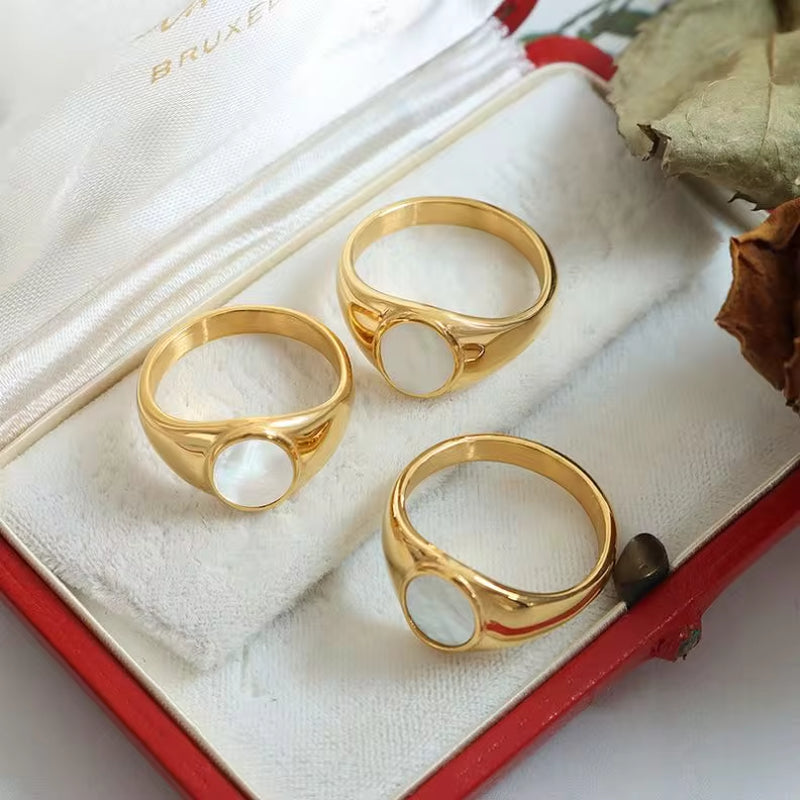 Natural Gemstone Stainless Steel Women White Sea Shell Titanium Steel Gold Plated Non Tarnish Rings My Store