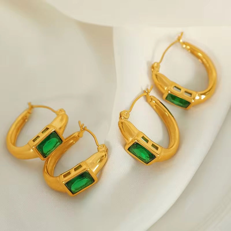 JEWELRY EH142 French Fashion Emerald Zirconia C-Shaped Earrings Stainless Steel Gold Plated 18K Earrings My Store