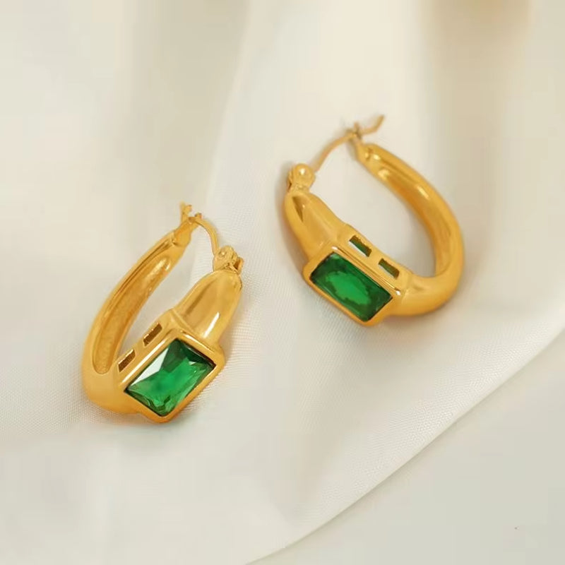 JEWELRY EH142 French Fashion Emerald Zirconia C-Shaped Earrings Stainless Steel Gold Plated 18K Earrings My Store
