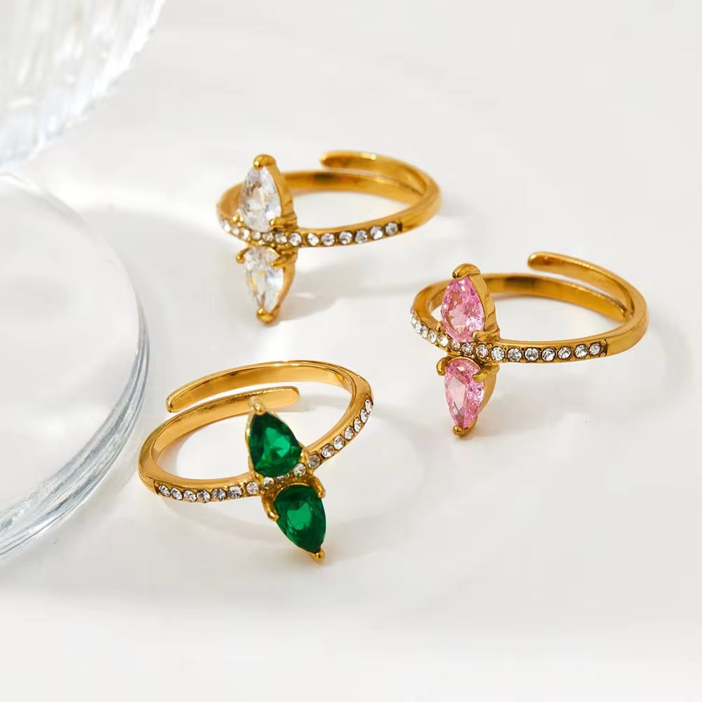 INS Charm Gold Plated Drop Shape Crystal Rhinestone Rings Waterproof Stainless Steel Jewelry Wrap Open Rings Gift for Women My Store