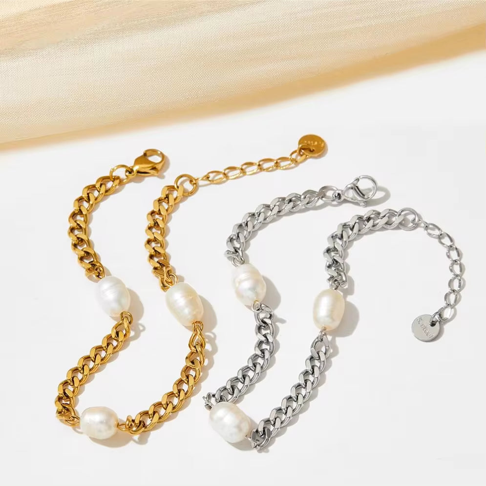 Vintage Pearl Charm Cuban Link Chain Bracelet 18K Gold Plated Stainless Steel Chain Bracelet My Store