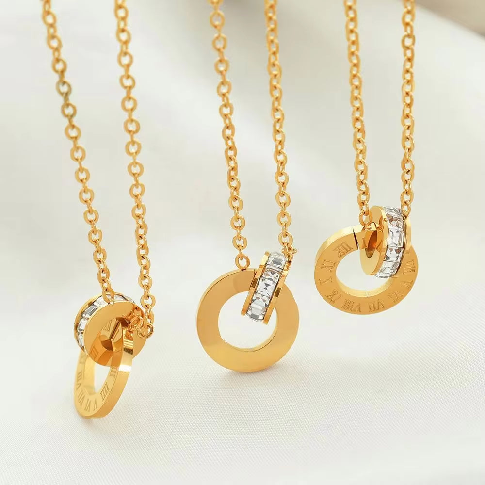 JEWELRY XL91 China Wholesale Double Ring Necklace with Diamonds Stainless Steel Jewelry 18K Gold Plated My Store