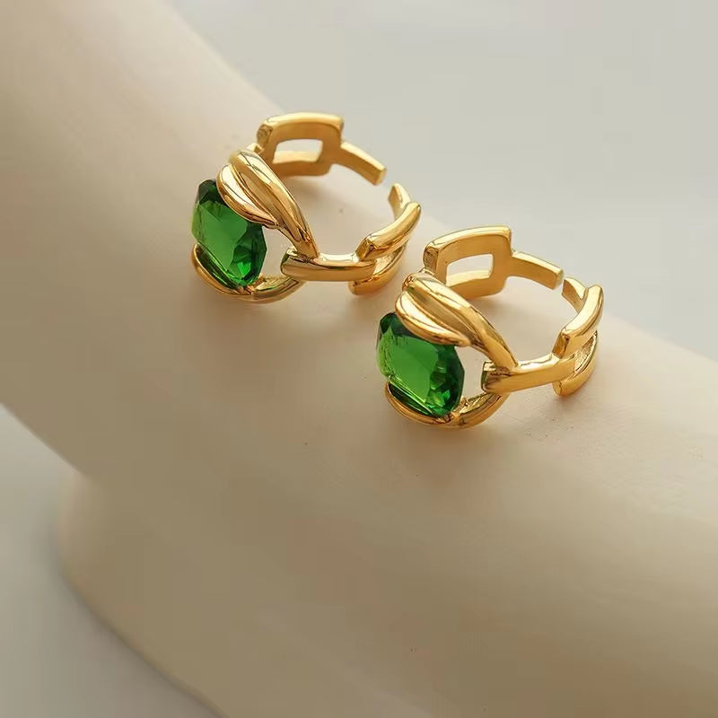 Gold Plated Stainless Steel Link Chain CZ Finger Titanium Steel Green Ring for Women My Store