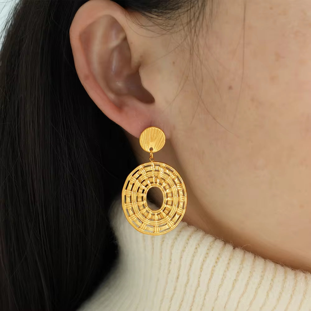 JEWELRY EH207 French Vintage Earrings 18K Gold Plated Hollowed Out Disc Earrings Fashion Hoop Earrings My Store