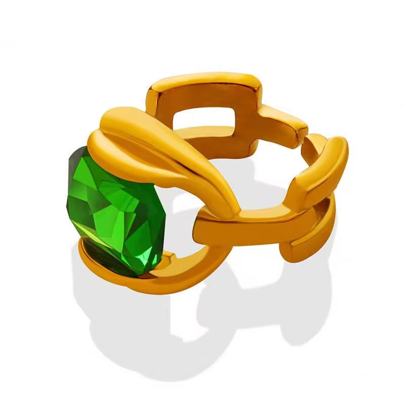 Gold Plated Stainless Steel Link Chain CZ Finger Titanium Steel Green Ring for Women My Store