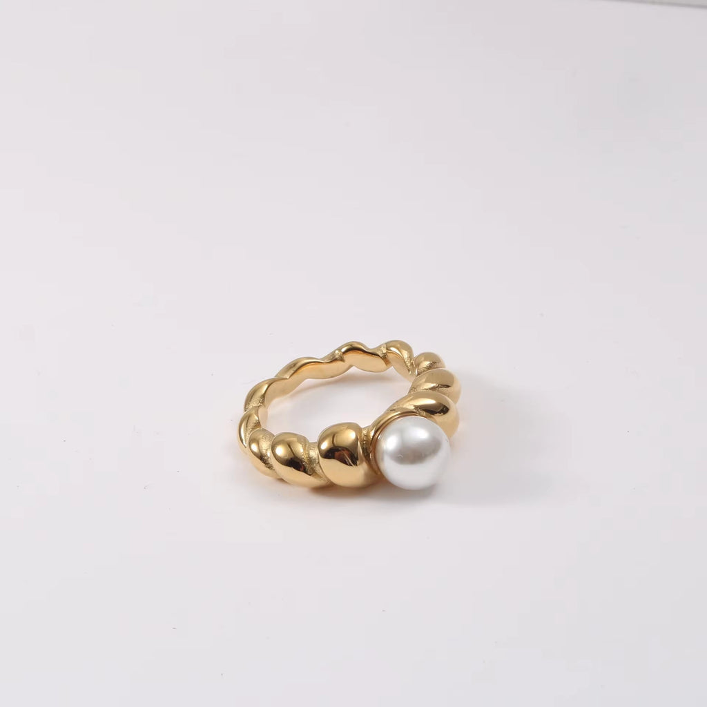 Waterproof Statement 18K Gold Plated Big Fresh Water Pearl Twisted Ring Chunky Twist Rope Chain Stainless Steel Ring My Store