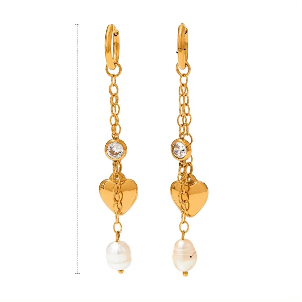 18K Gold Plated Stainless Steel Jewelry Tassel Heart Fresh Water Pearl Cubic Zirconia Drop Earrings for Womens My Store