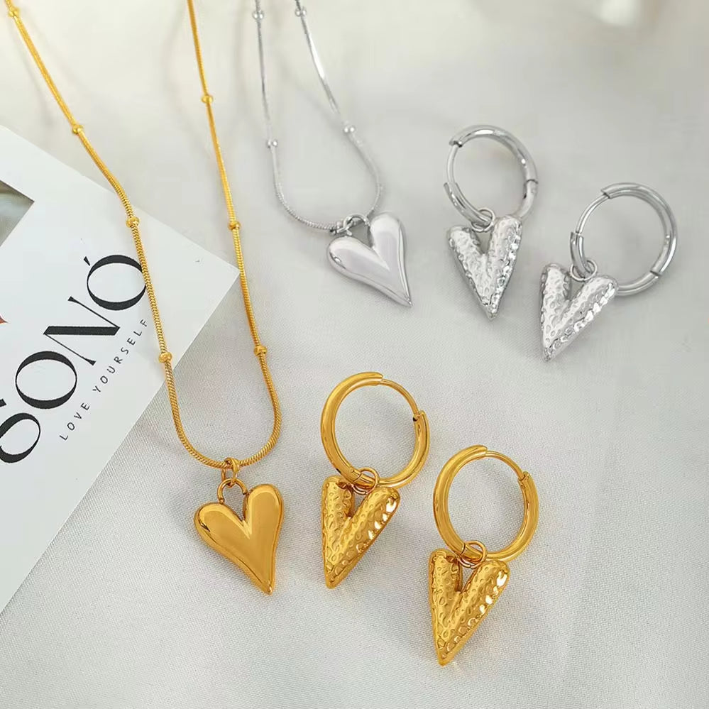 JEWELRY XL89-EH256 Simple Fresh Scenic Face Heart Necklace Earrings Heart Shape Texture Earrings Collarbone Chain Set My Store