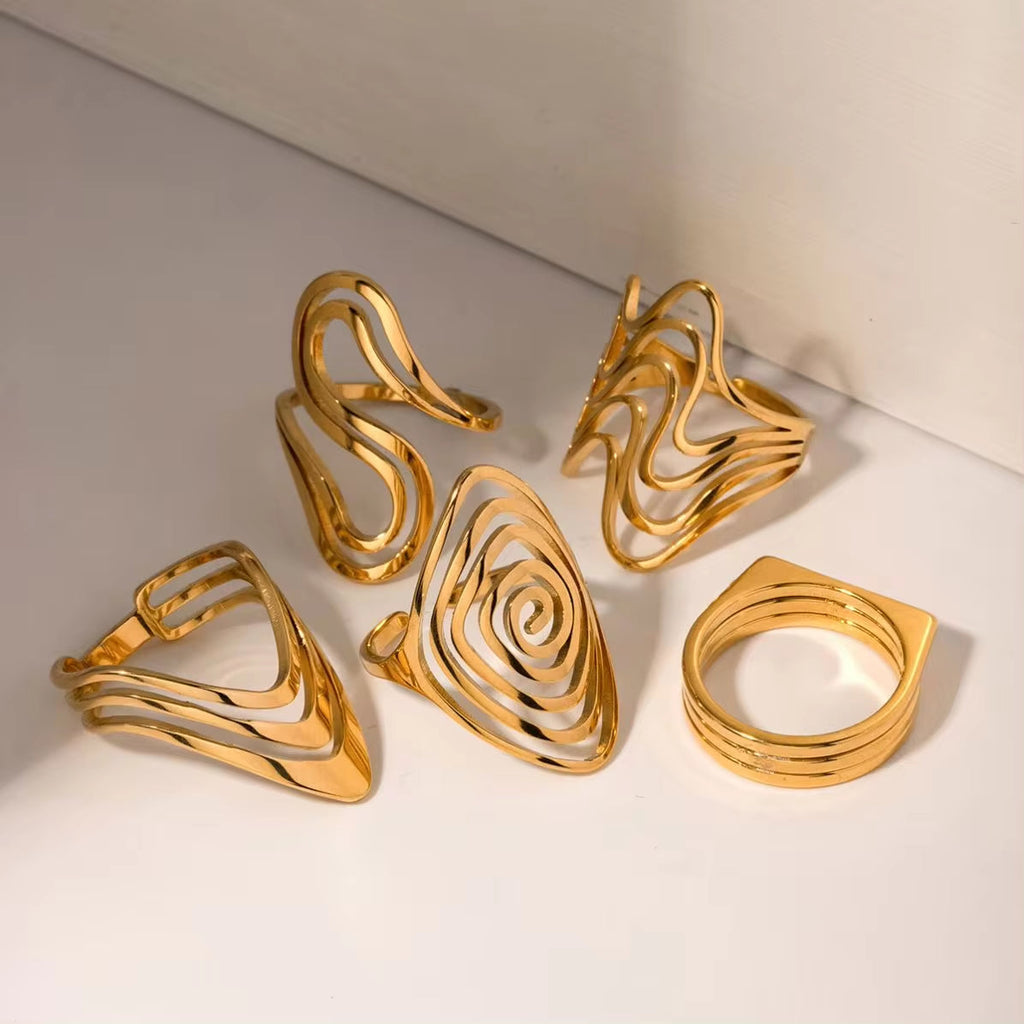 Geometric Jewelry Stainless Steel Ring Girls 18K Gold Plated Thin Lines Hollow Spiral Stacking Rings My Store