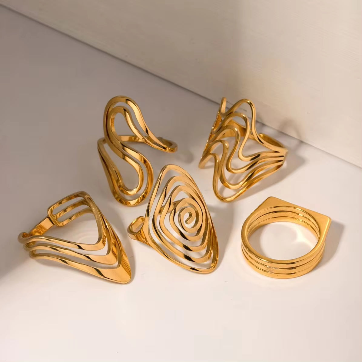 Geometric Jewelry Stainless Steel Ring Girls 18K Gold Plated Thin Lines Hollow Spiral Stacking Rings My Store