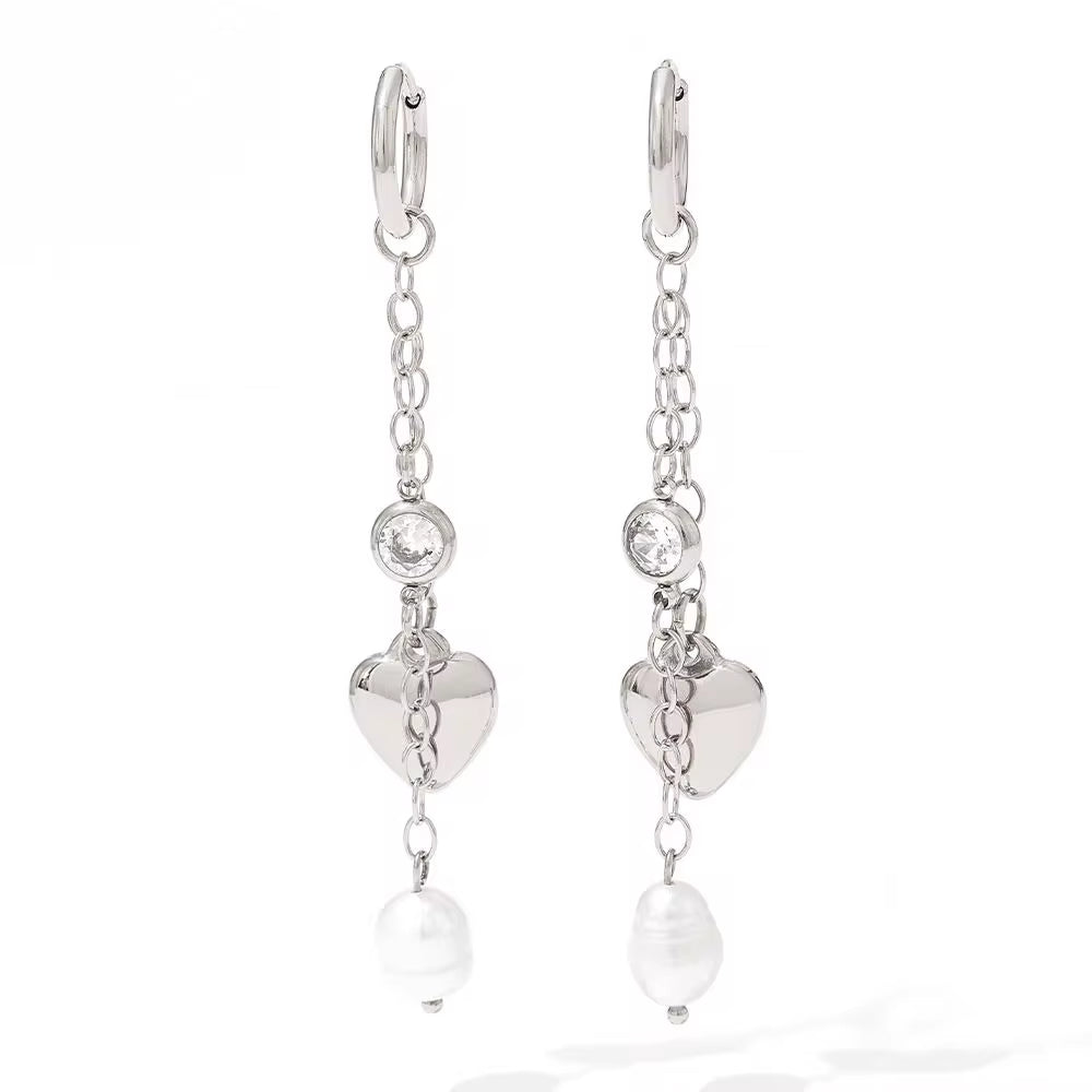 18K Gold Plated Stainless Steel Jewelry Tassel Heart Fresh Water Pearl Cubic Zirconia Drop Earrings for Womens My Store