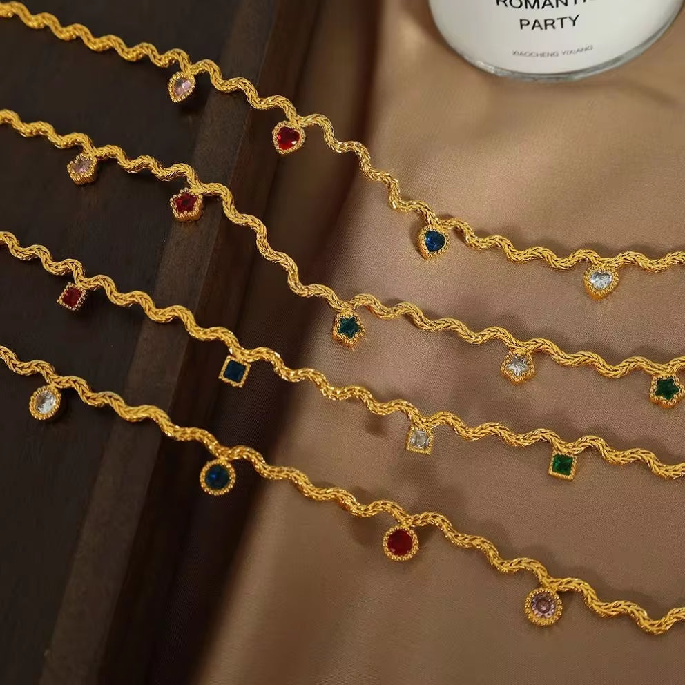 JEWELRY XL48-51 Fashion Wave Tassel Flower Necklace Colorful Zirconia Collarbone Necklace for Women My Store