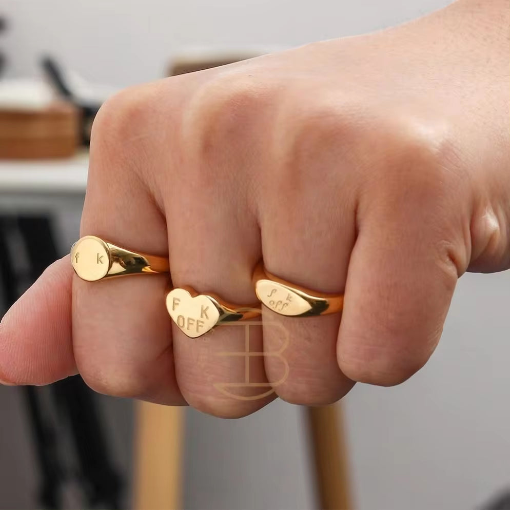 New Trendy Heart Oval Shape Titanium 18K Gold Plated Personalized Letter FK off Signet Ring My Store