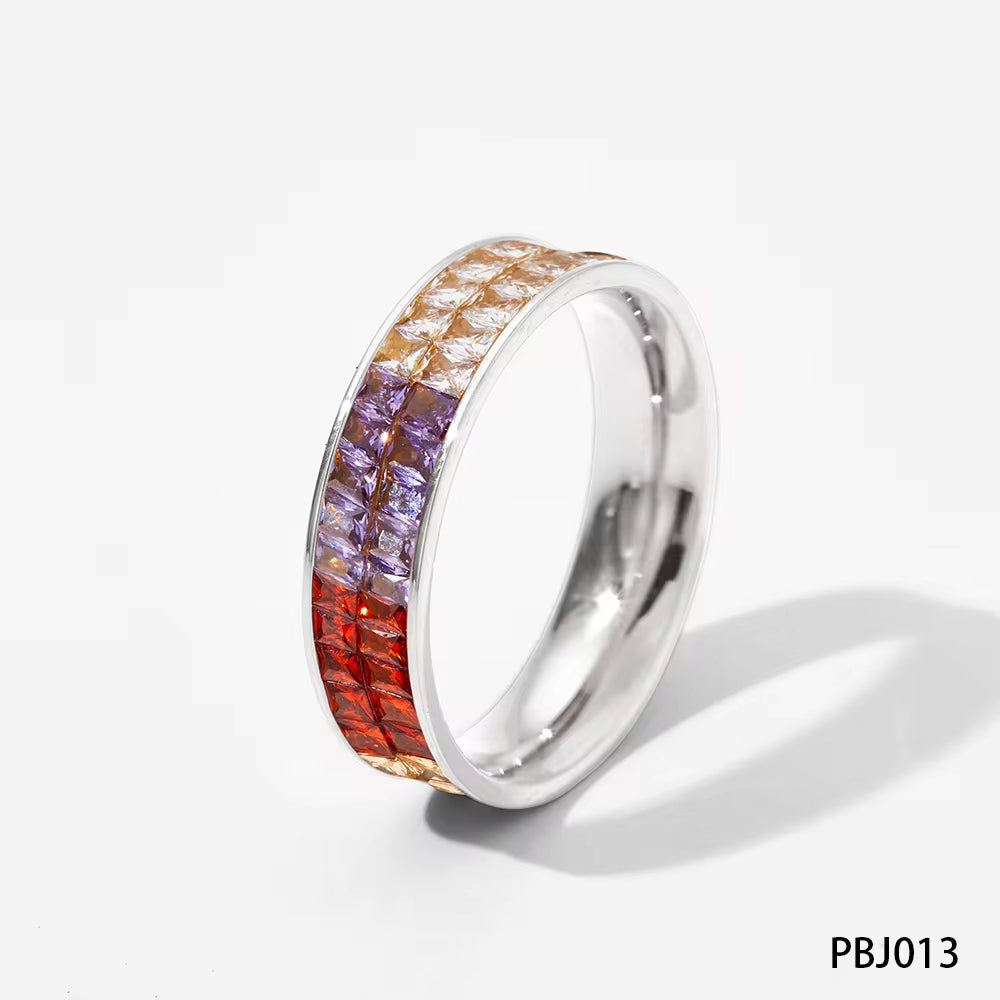 Classic Hot Sell Double Layer Square Crystal Pave Multicolor Stainless Steel Ring Colorful Diamond Rings Jewelry Wome My Store