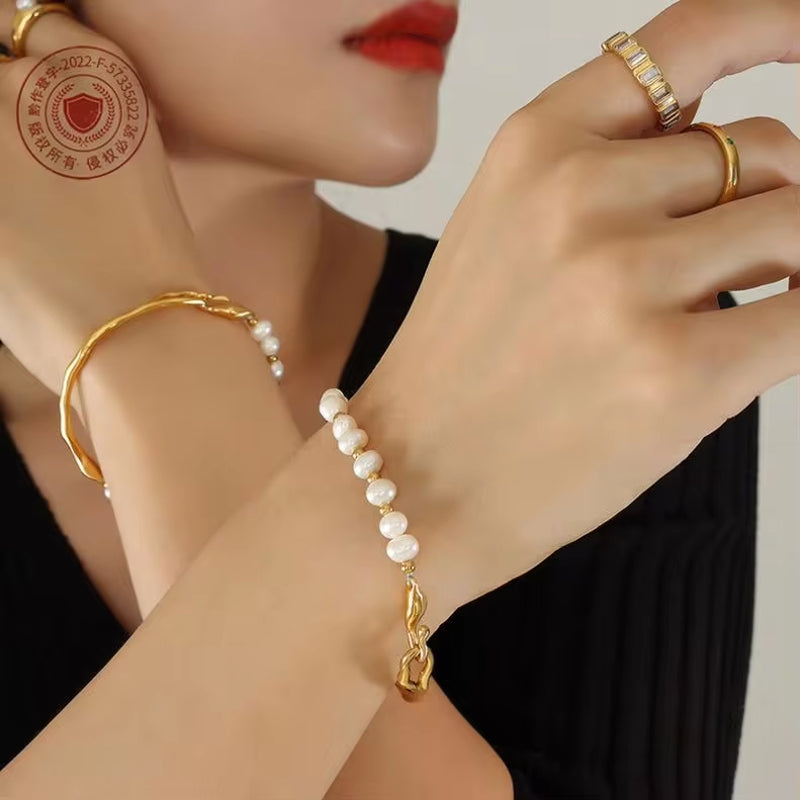 Designs Women Jewelry 18K Gold Plated Stainless Steel Beaded Fresh Water Pearl Bangle Bracelet for Women My Store