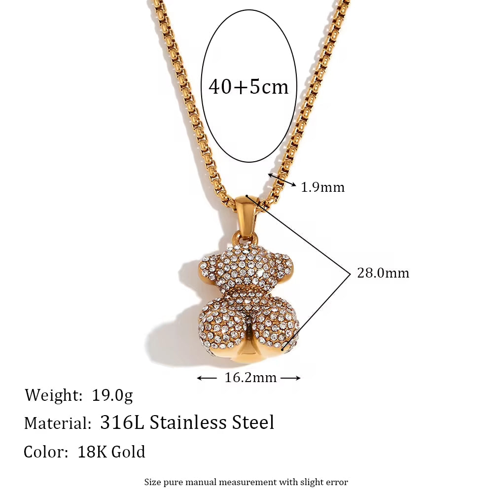 Shining Zircon Party Jewelry Cute Bear Pendant Necklace Gold Plated Rope Chain Necklace Stainless Steel My Store