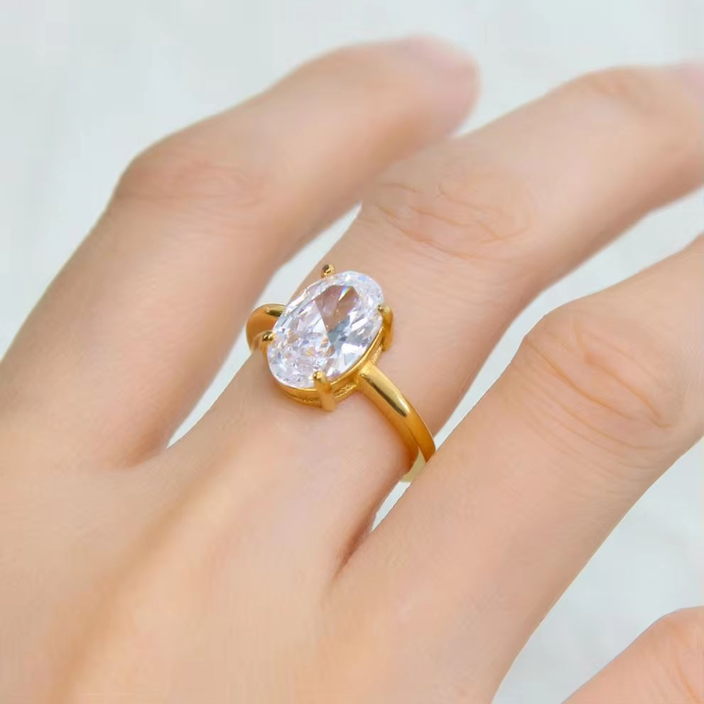 Wholesale Europe Simple Fashion 18K Gold Plated Stainless Steel INS Oval Shape Zircon Finger Rings for Women Girls My Store