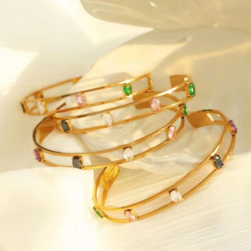 JEWELRY SZ14 New Vintage Premium Feeling Stainless Steel Bracelet Open Set Zirconia Bangle My Store