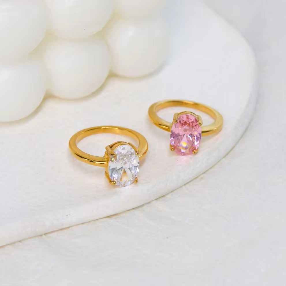 Wholesale Europe Simple Fashion 18K Gold Plated Stainless Steel INS Oval Shape Zircon Finger Rings for Women Girls My Store