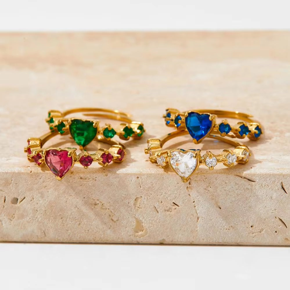 Gold Plated Adjustable Crystal Heart Shape Zircon Inlay Ring Tarnish Free Stainless Steel Diamond Wedding Rings My Store