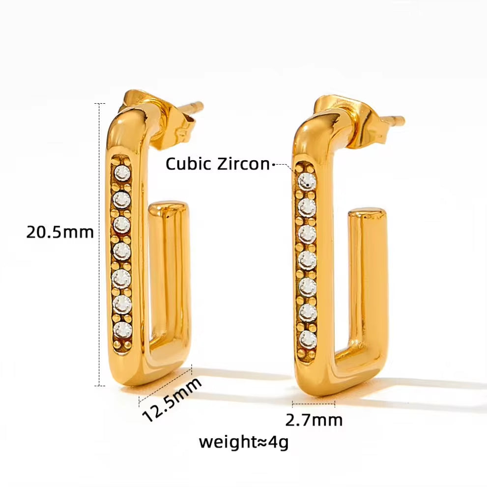 New Design Waterproof 18K Gold Plated Stainless Steel Jewelry Zircon Trimmed Rectangle Hoop Earrings My Store