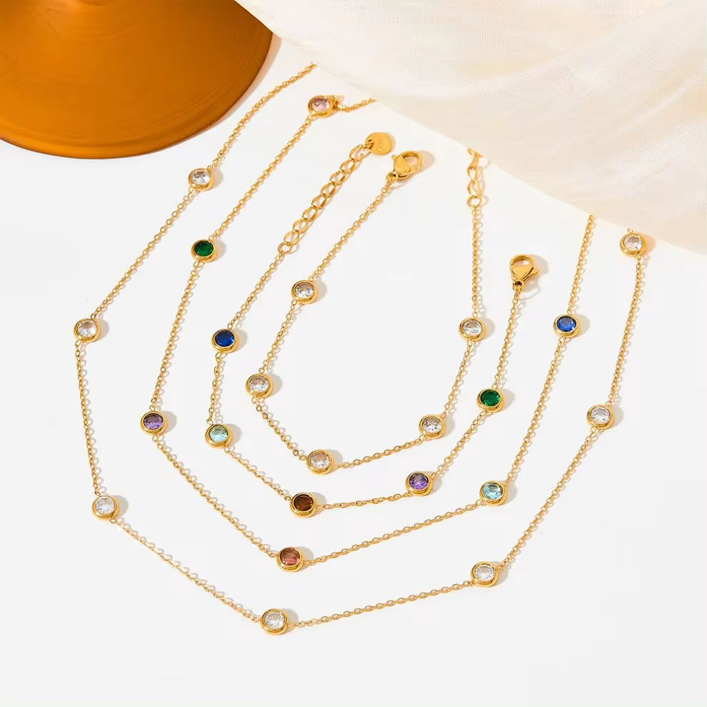 18K Gold-Plated Stainless Steel Thin Chain Ladies Elegant Zircon Bracelet Necklace Set My Store