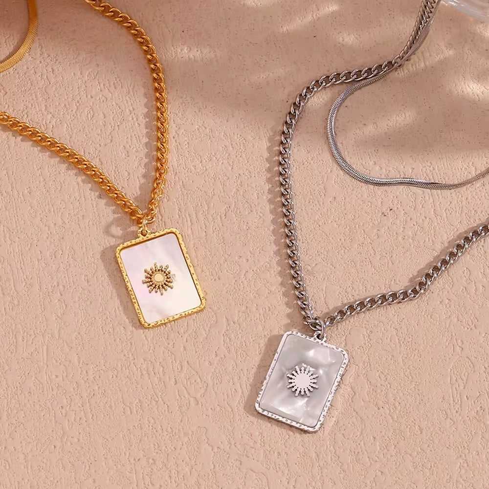 Double Layer Herringbone Necklace Engraved Sun Shell Necklace Waterproof Gold Plated Pendant Necklace My Store