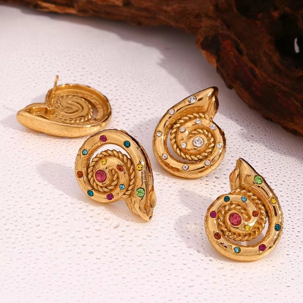 New Design Conch Stud Earrings Colorful Zircon Earring 18K Gold Plated Stainless Steel Jewelry My Store