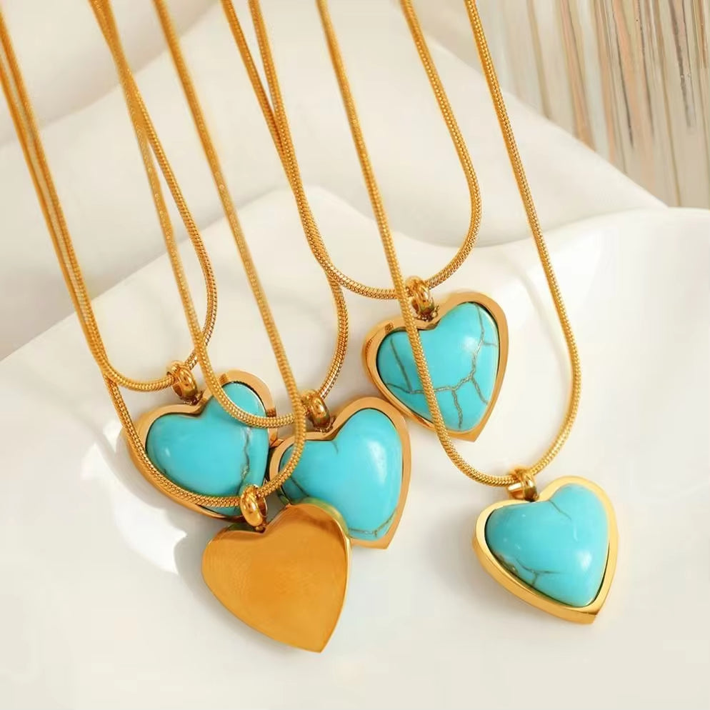 JEWELRY XL95 New Emerald 18K Gold Stainless Steel Heart Shaped Turquoise Pendant Necklace My Store