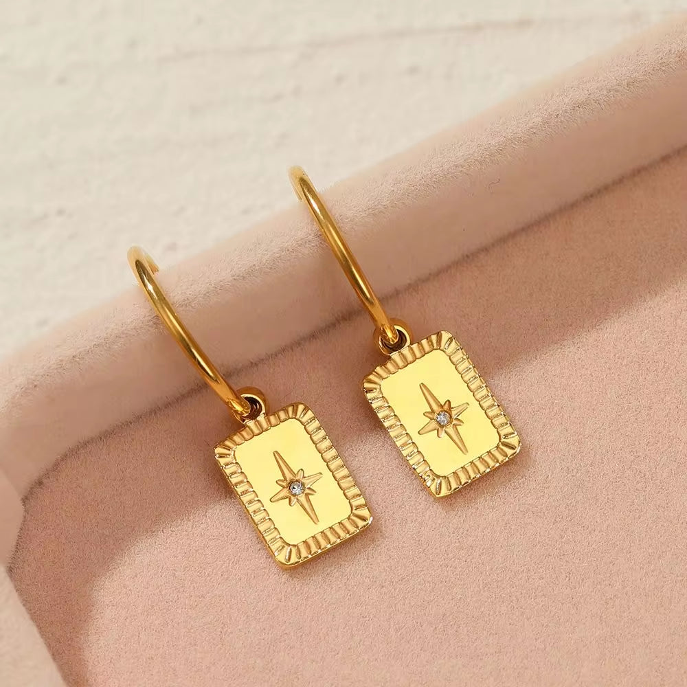 Real Gold Plated Stainless Steel Zircon Star Tags Pendant Earrings Gold Tone Steel Tags Zircon Star Earrings for Girls My Store