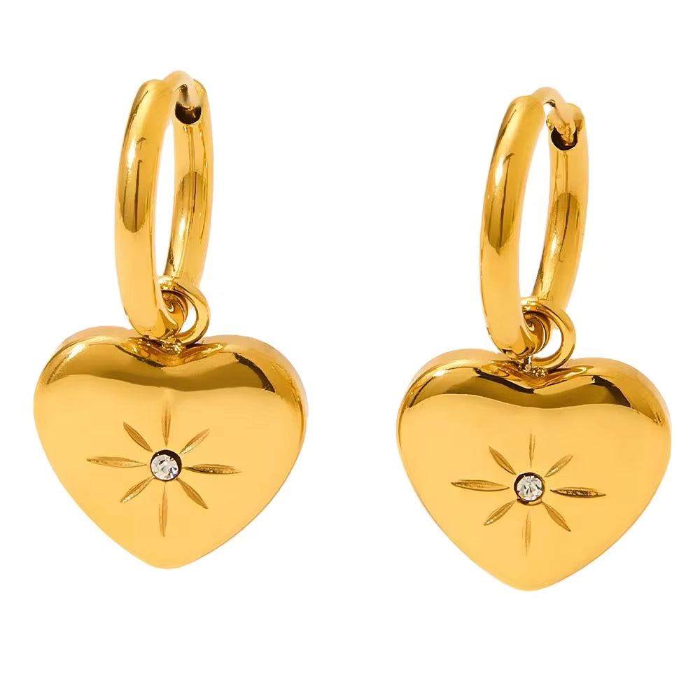 Wholesale Custom Pvd 18K Gold Plated Stainless Steel Jewelry North Star Heart Dangle Charm Hoop Earrings My Store