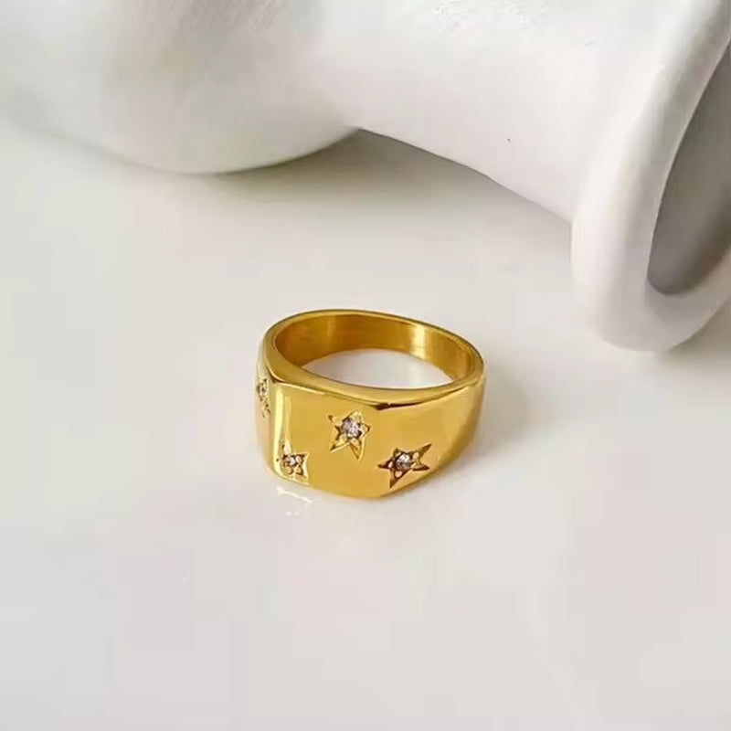 Stylish High Polished Stainless Steel Pentagram Cz Geometric Ring 18K Gold Plating No Fade Titanium Steel Smooth Square Ring My Store