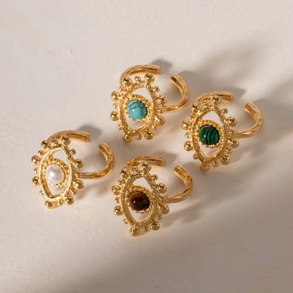18K Gold Plated Stainless Steel Design Finger Natural Turquoise Malachite Tiger Eyes Stone Evil Eyes Rings My Store
